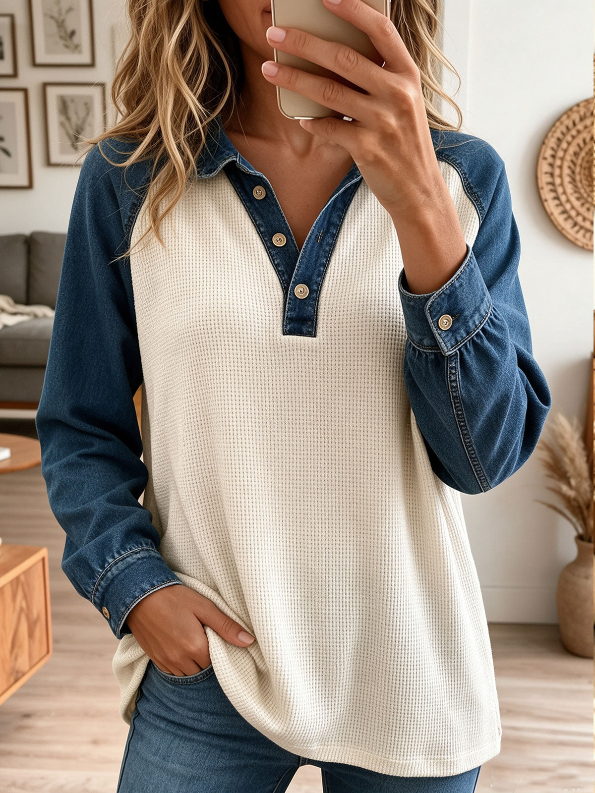 Women Waffle Knit Denim Splice Raglan Long Sleeve Henley Blouse