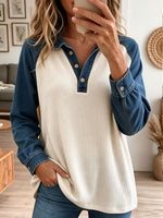 Women Waffle Knit Denim Splice Raglan Long Sleeve Henley Blouse
