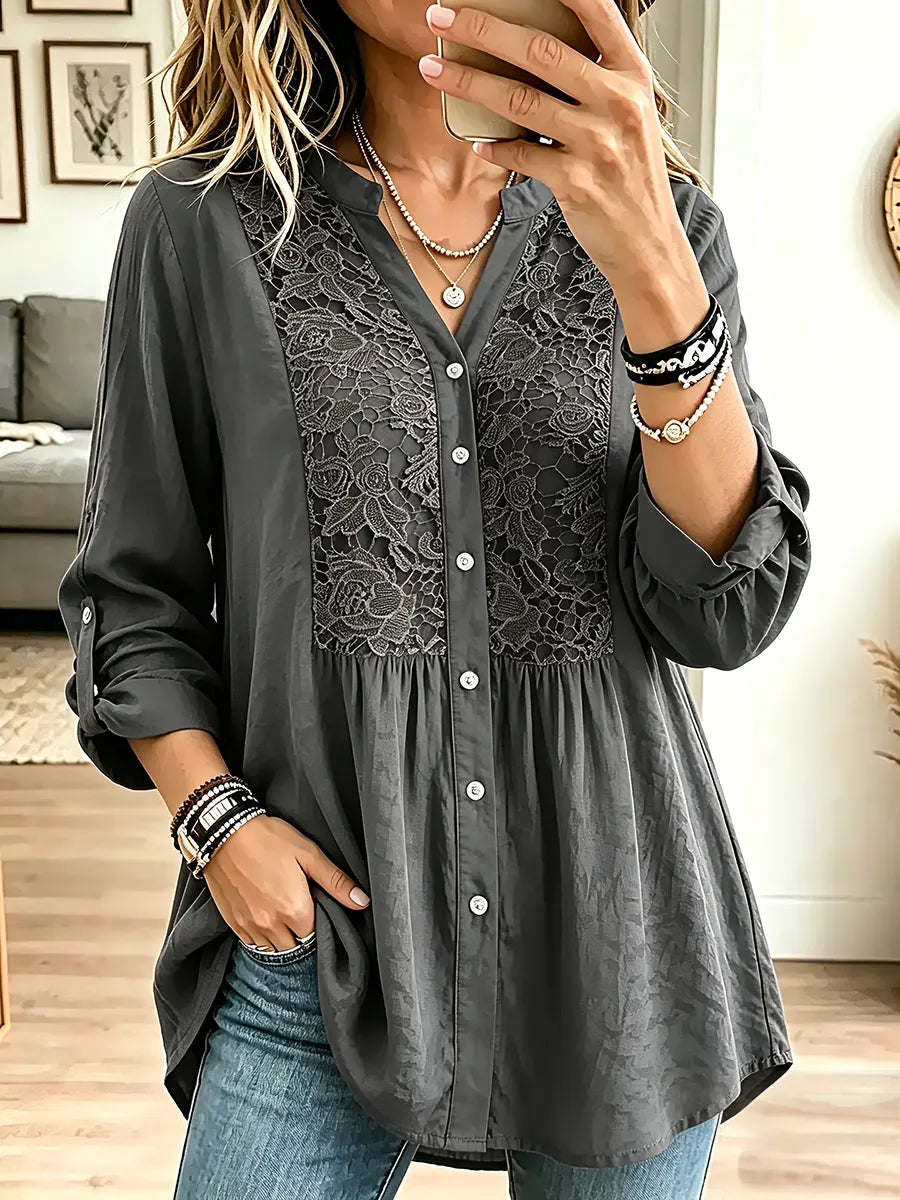 Vintage Elegant Fashionable Loose-fitting Openwork Lace Trim Shirt