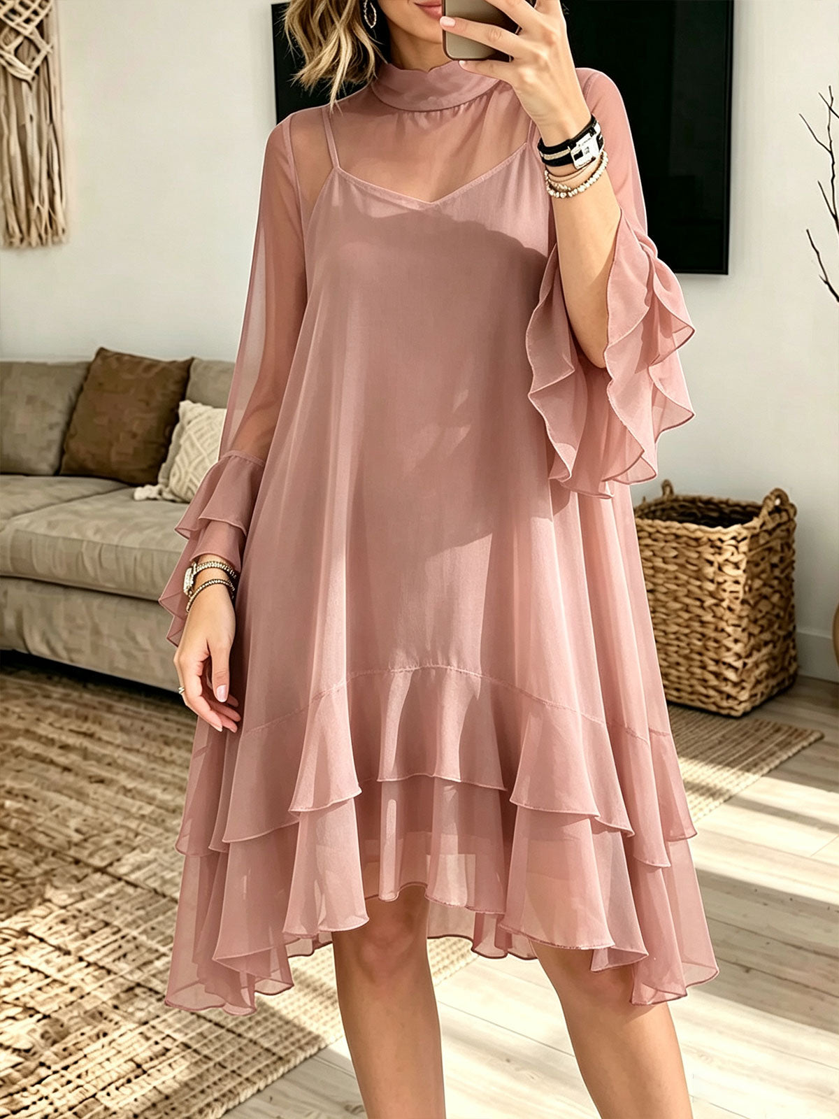 Women Mock Neck Chiffon Faux Two‑Piece Ruffle Bell Sleeve Midi Dress