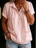 Women's Solid-color Lapel Short-sleeve Loose-fit Cotton-linen Casual Top