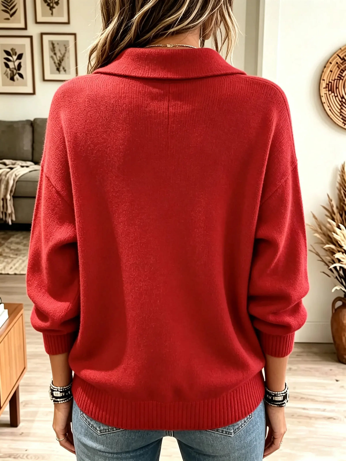 Women's Split Polo Collar Pocket Sweater