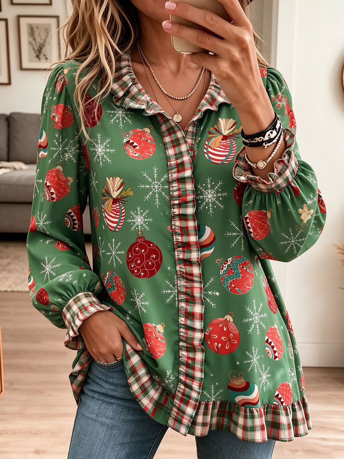Women Christmas Ornament Print Plaid Ruffle V Neck Long Sleeve Shirt