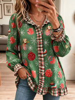 Women Christmas Ornament Print Plaid Ruffle V Neck Long Sleeve Shirt