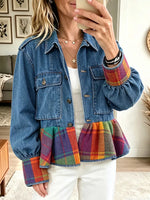 Vintage Elegant Denim Patchwork Plaid Ruffles Jacket