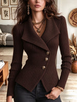 Women's Dark Brown Ribbed Knit Blazer Jacket with Oversized Lapel and Gold Buttons