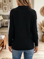 Women's Sequin Sleeve Henley Collar Ribbed Sweater