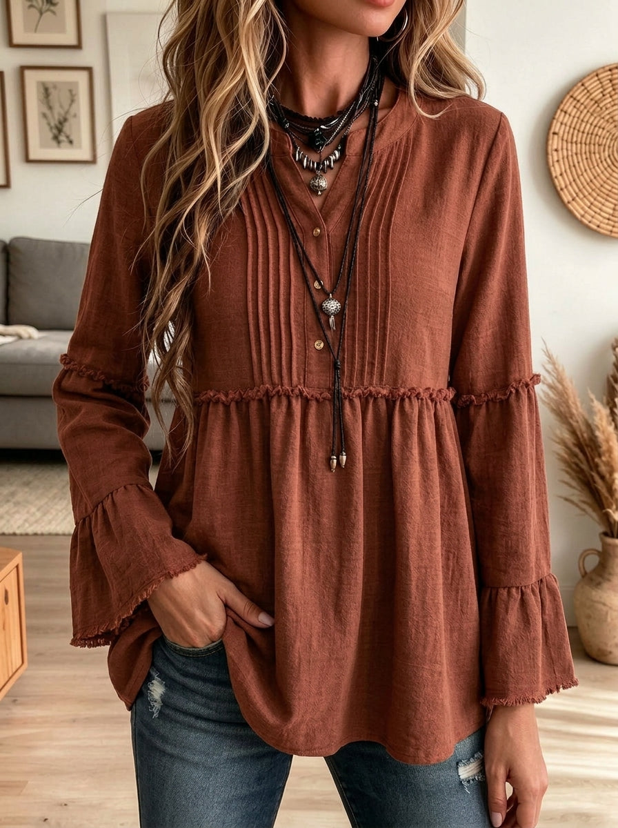 Pleated Front Ruffled Bell Sleeve Babydoll Tunic Blouse