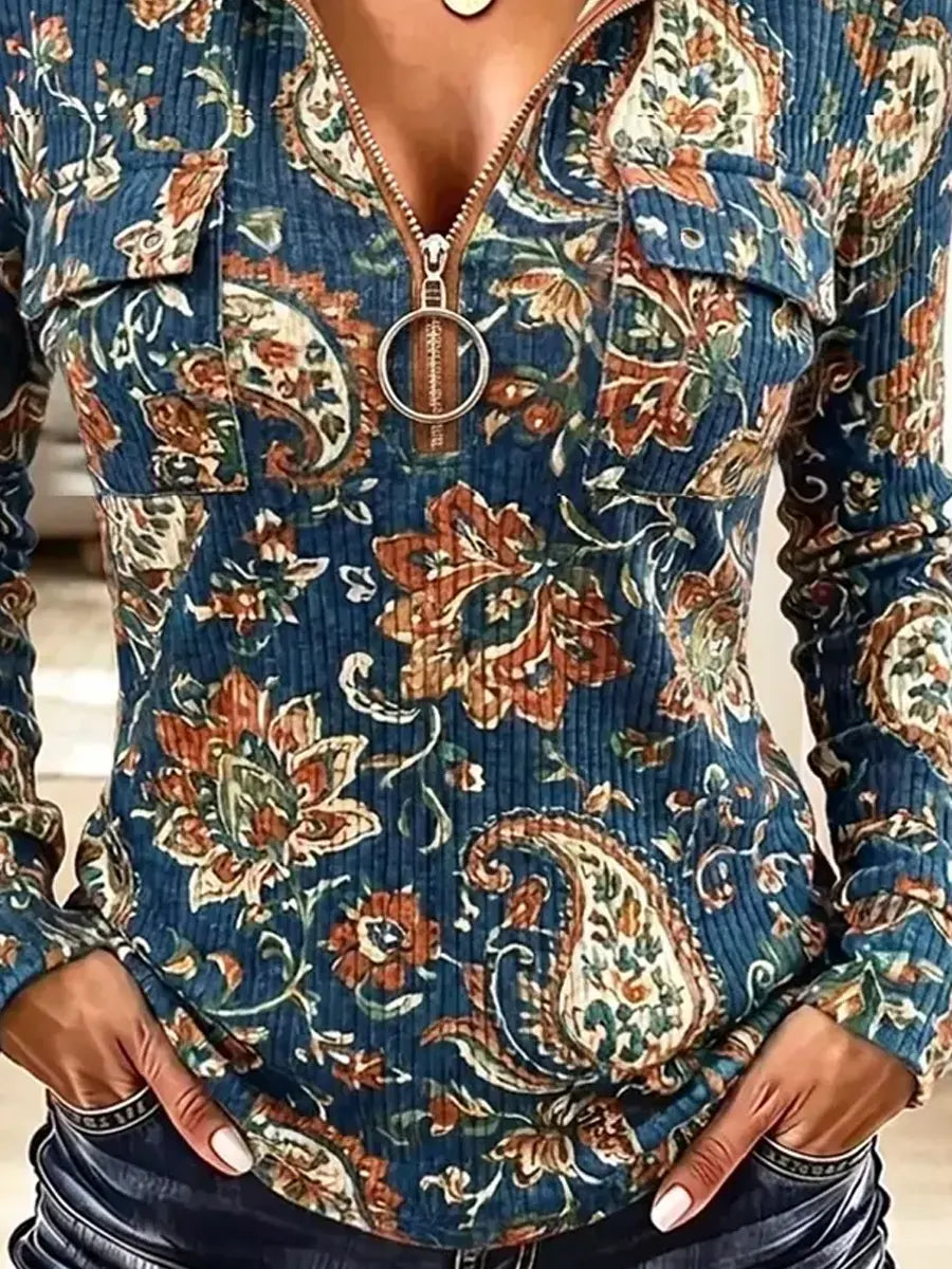 Vintage Floral Pattern Zip Art Casual Stylish Hooded Long Sleeve Top