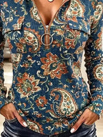 Vintage Floral Pattern Zip Art Casual Stylish Hooded Long Sleeve Top
