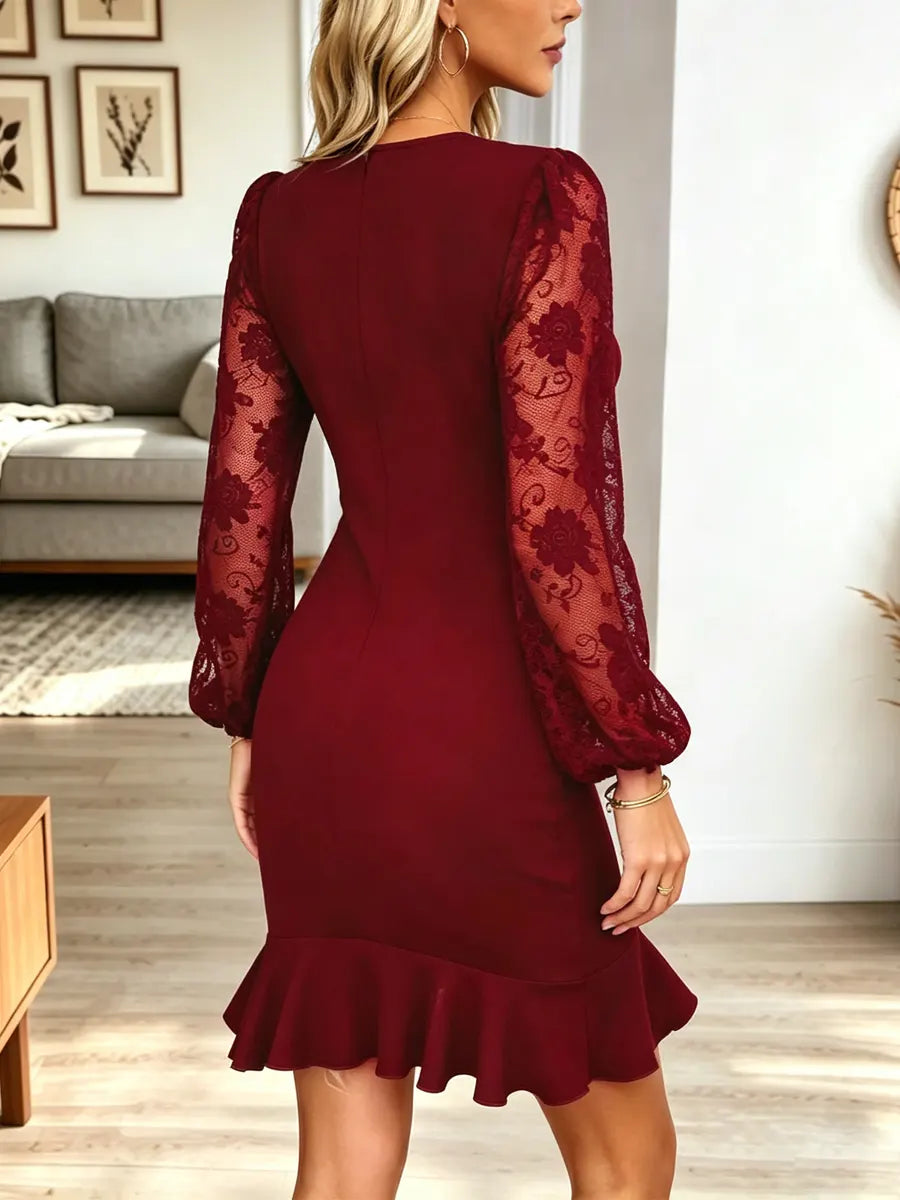 Retro Floral Lace Patchwork Ruffle Art Casual Stylish Long Sleeve Mini Dress