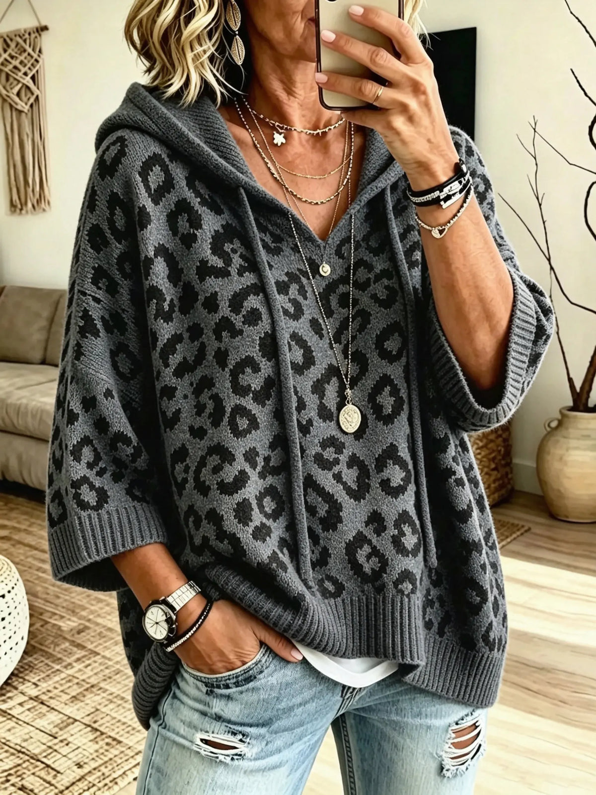 Women Leopard Print 3/4 Sleeve Hooded Knit Top