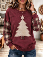 Women's Burgundy Vintage Christmas Tree Graphic Sweatshirt with Plaid Sleeves