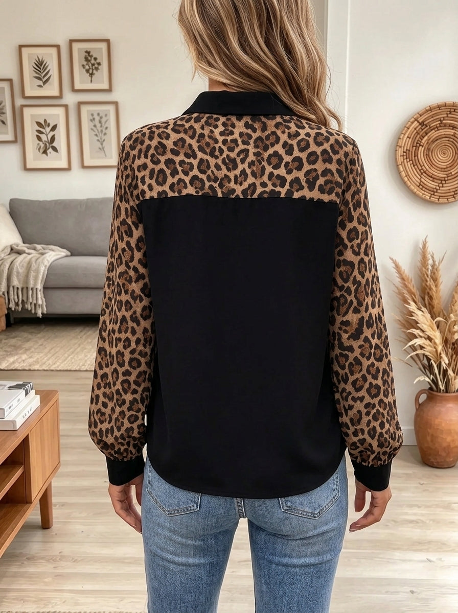 Women's Leopard Patchwork Point Collar Chiffon Shirt