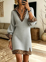 Women Solid V-Neck Knit Tunic Leopard Shirt Dress