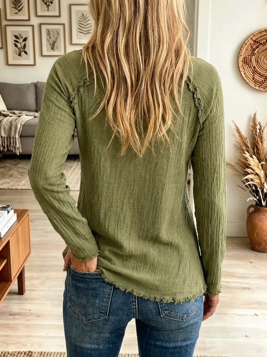 Women's Raw Hem Long-Sleeve Textured Top