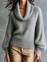 Women Cowl Neck Oversized Soft Fuzzy Balloon Sleeve Knit Sweater