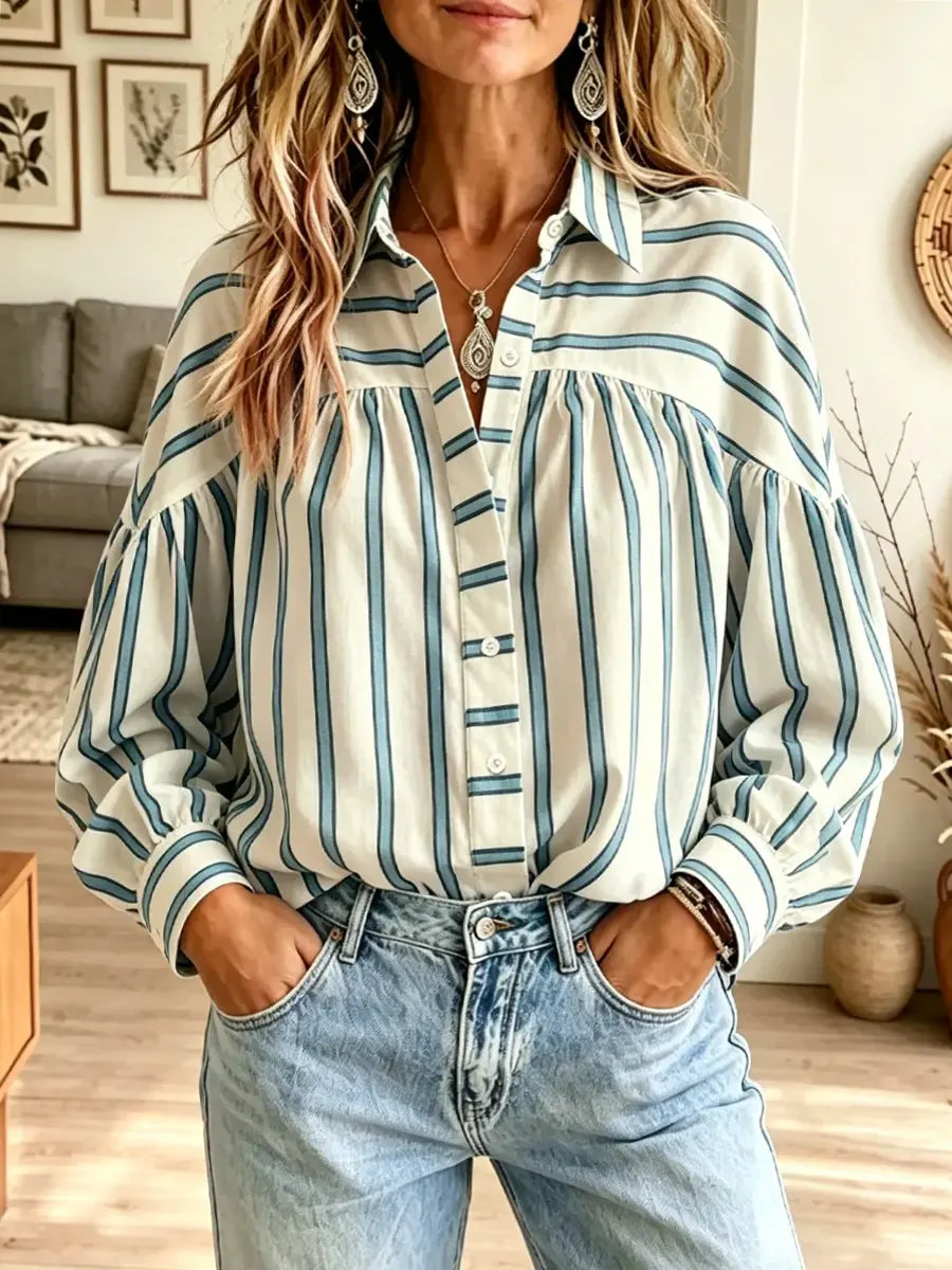Retro Stripe Pattern Art Casual Lapel Stylish Long Sleeve Shirt