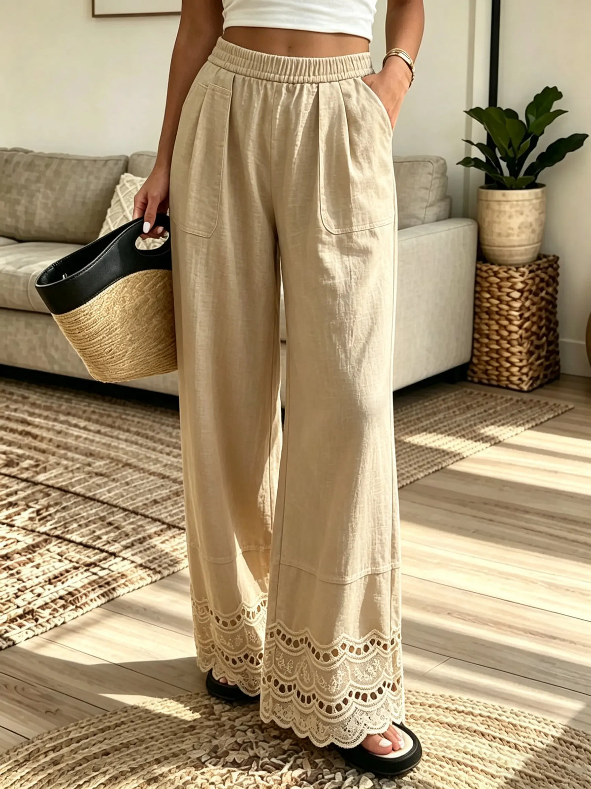 Women's Scalloped Lace Hem Linen Wide-Leg Pants