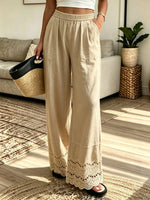 Women's Scalloped Lace Hem Linen Wide-Leg Pants