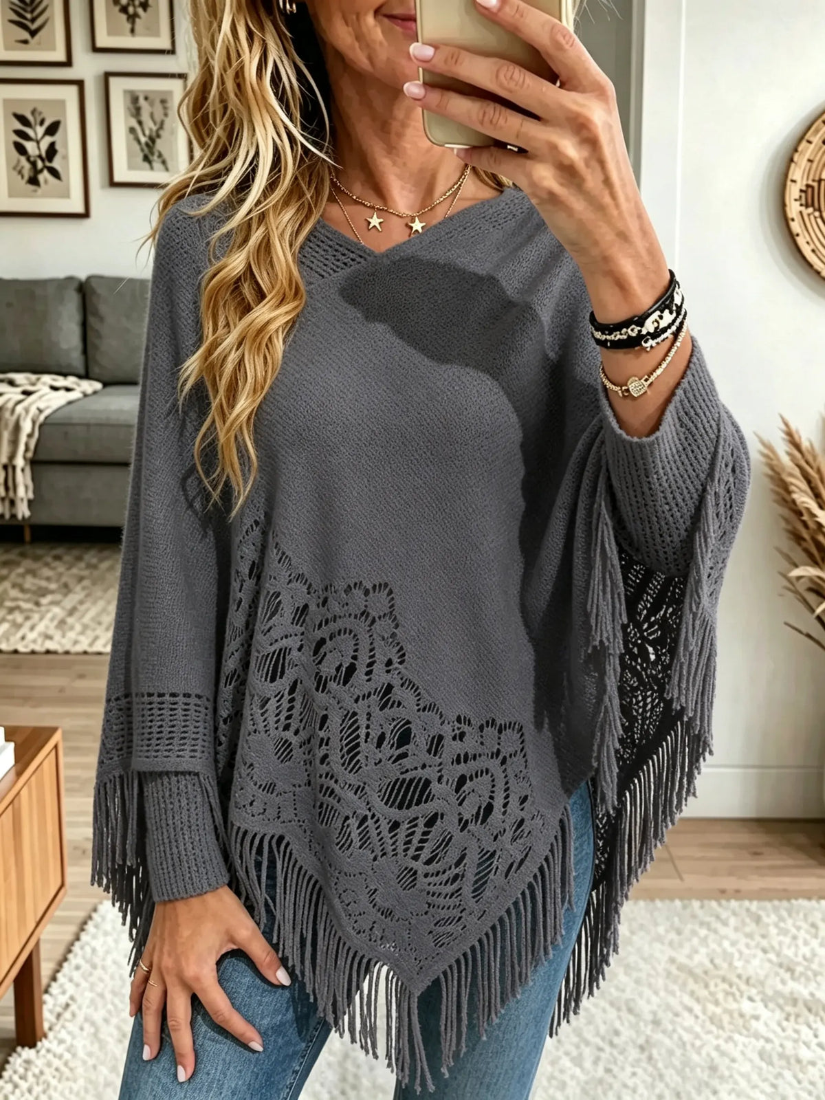 Women's Crochet Lace Cutout Fringe Knit Poncho