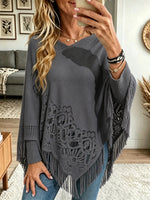 Women's Crochet Lace Cutout Fringe Knit Poncho