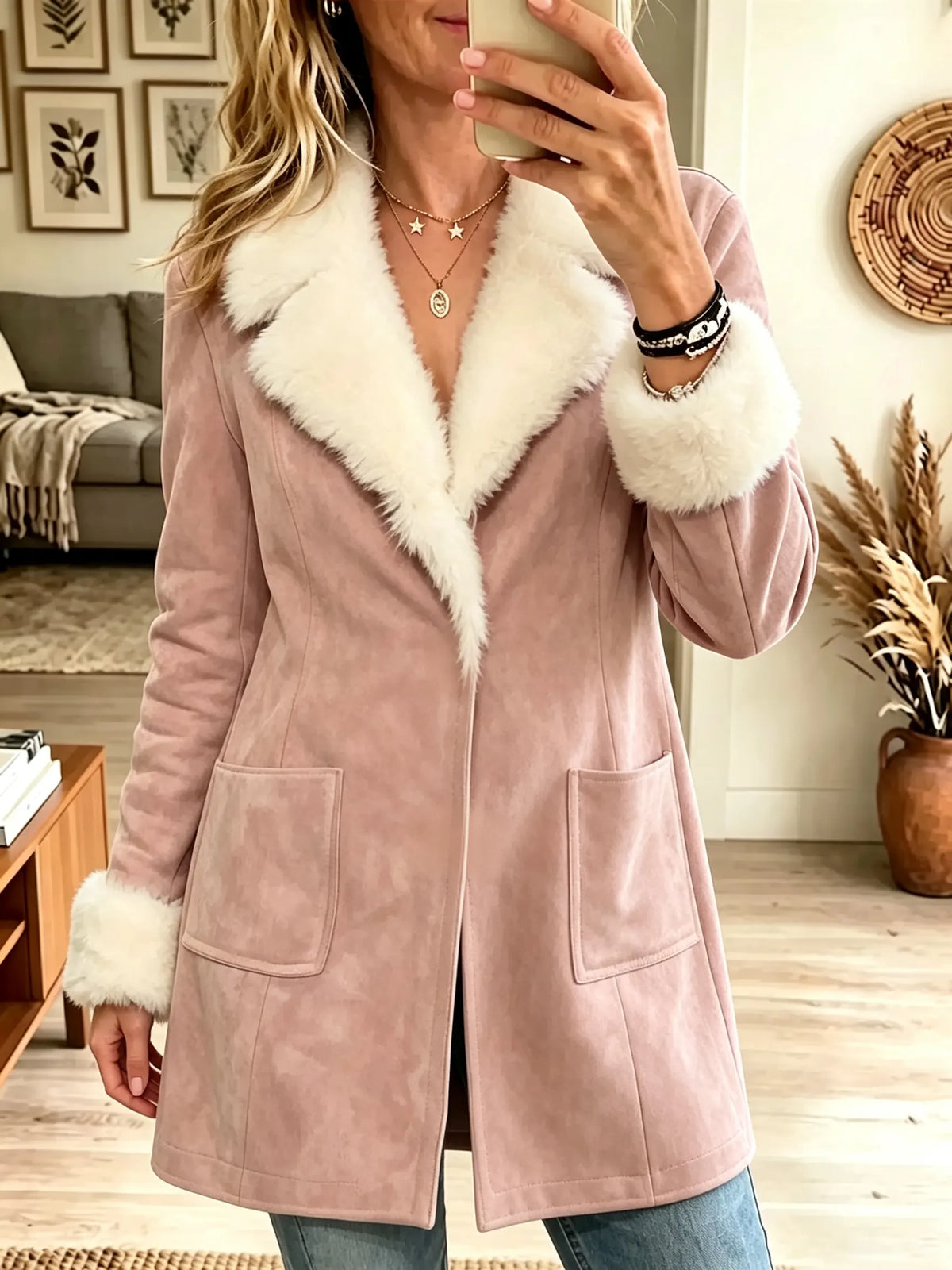 Women's Faux Fur Trim Suede Winter Coat
