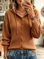 Women's Hooded Button-Down Ribbed Knit Cardigan