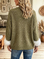 Women's Faux Fur Cuff Sequin Knit Cardigan