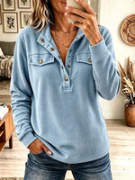 Women's Button Henley Flap Pocket Ribbed Pullover