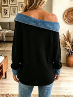 Women's Denim Trim One-Shoulder Ribbed Knit Top