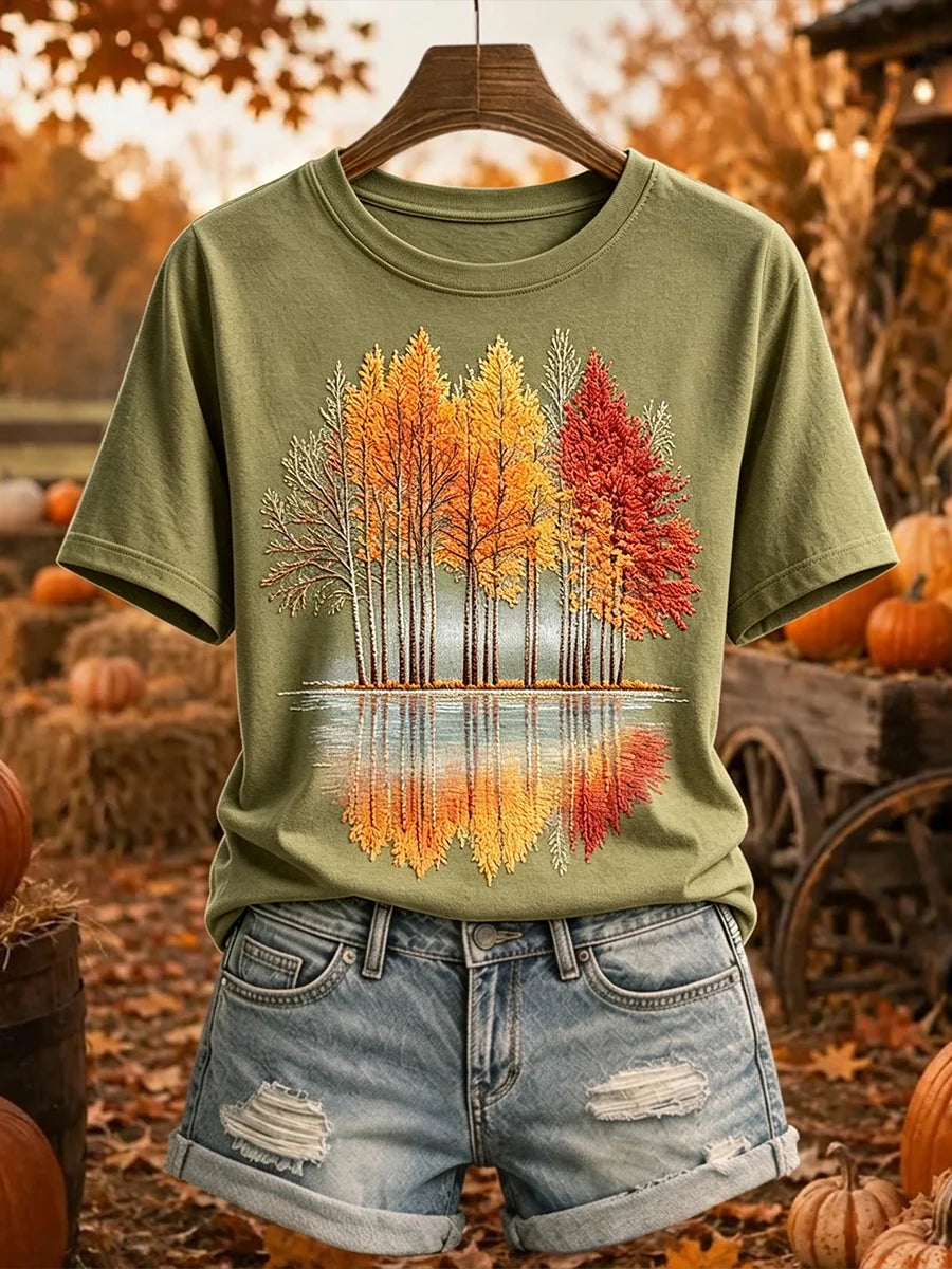 Women's Autumn Forest Lake Reflection Graphic T-Shirt