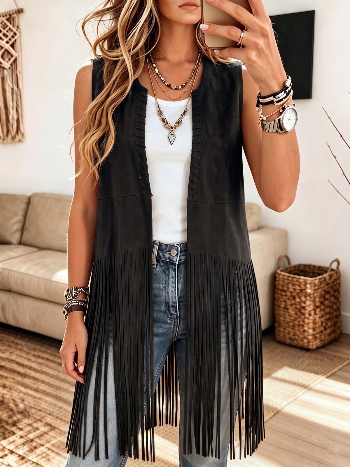 Women Western Suede Sleeveless Open Front Long Fringe Vest