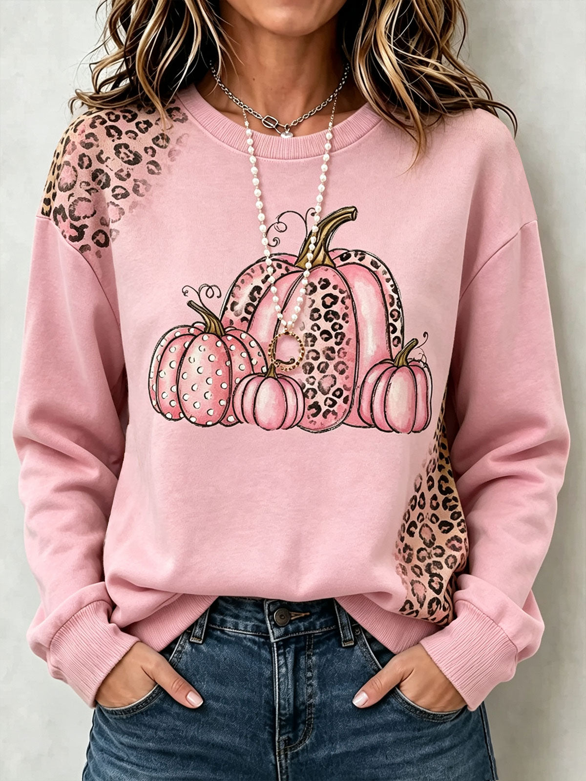 Women Pink Leopard Splice Pumpkin Graphic Fall Crewneck Sweatshirt