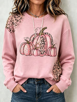 Women Pink Leopard Splice Pumpkin Graphic Fall Crewneck Sweatshirt