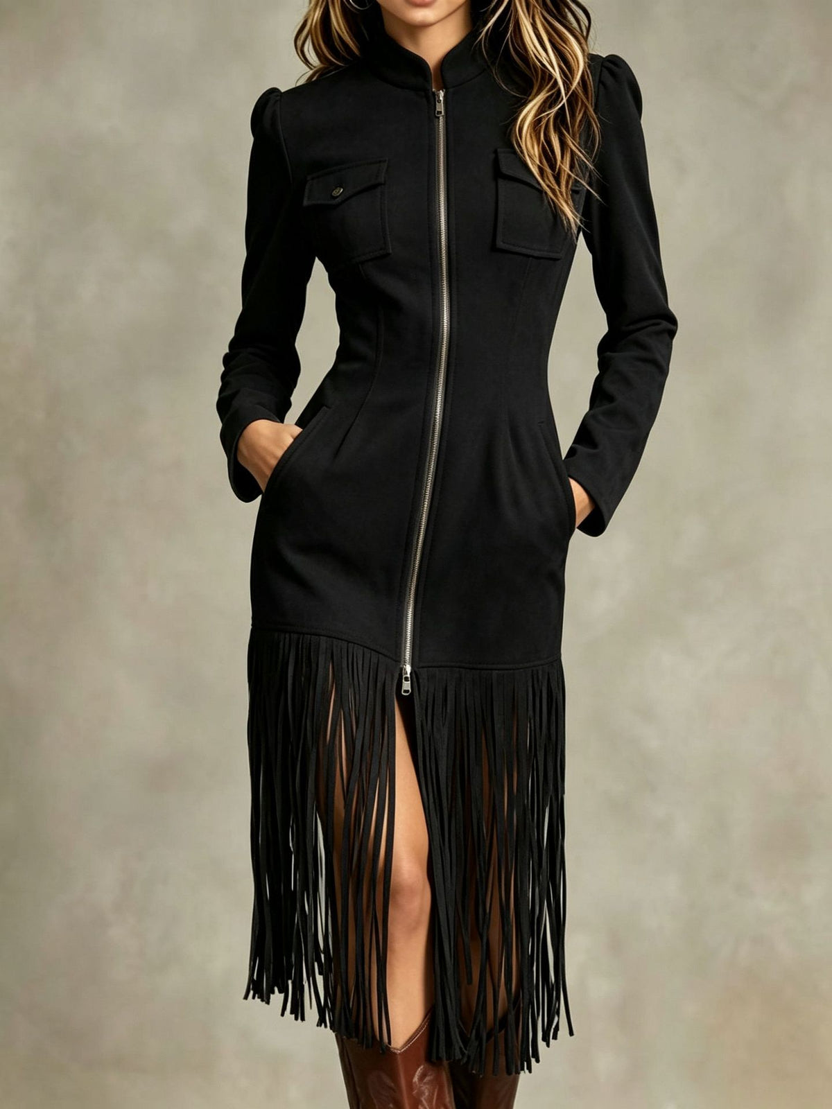 Women Western Faux Suede Zip Front Fringe Midi Dress