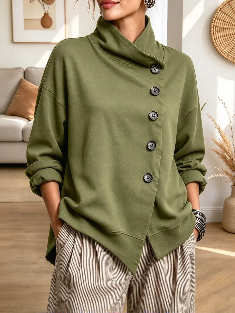 Retro Chic Asymmetrical Placket Art Casual Stylish Long Sleeve Sweatshirt