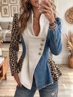 Vintage Elegant Denim Patchwork Leopard Print Wool Blend Jacket
