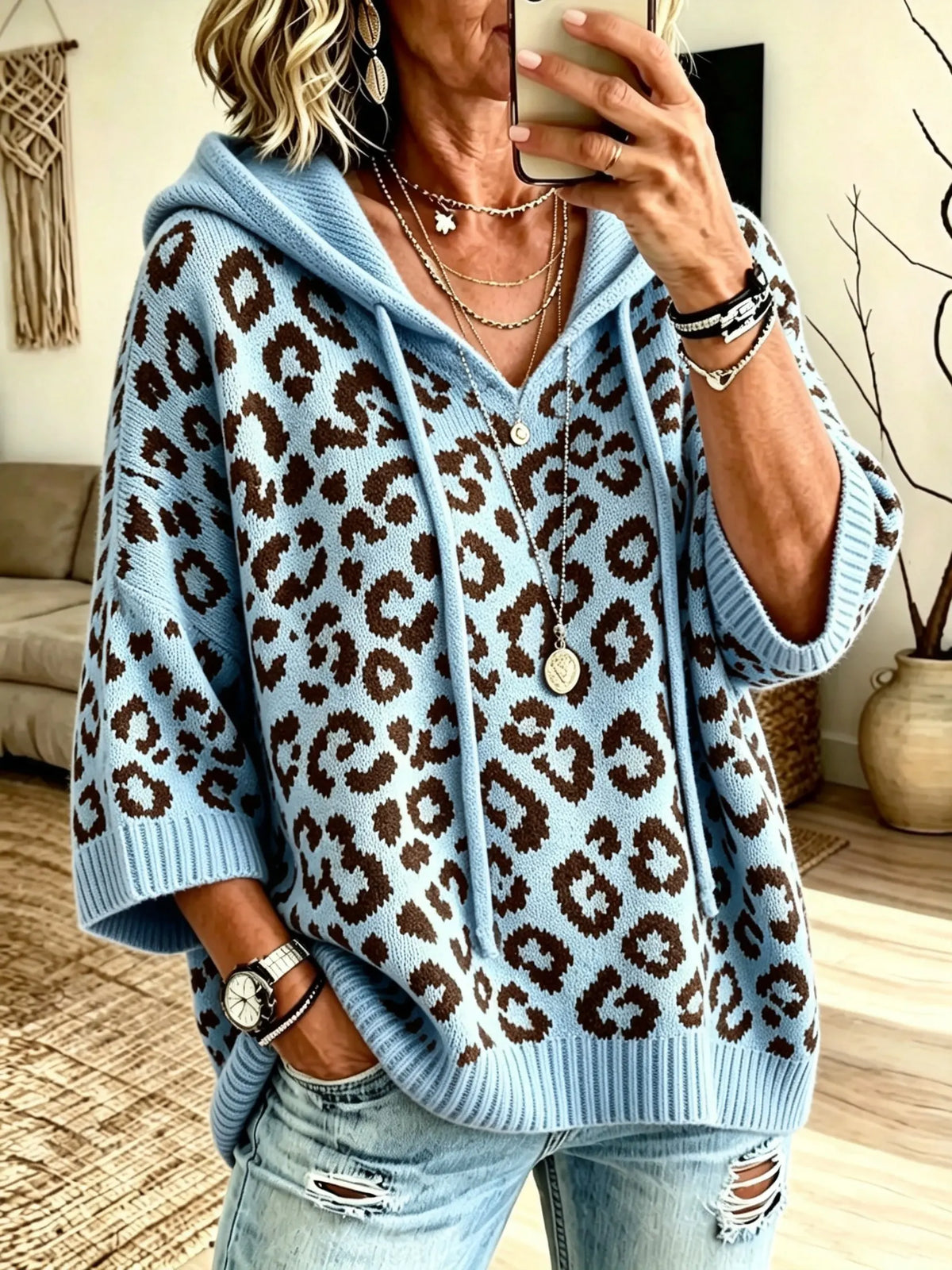 Women Leopard Print 3/4 Sleeve Hooded Knit Top