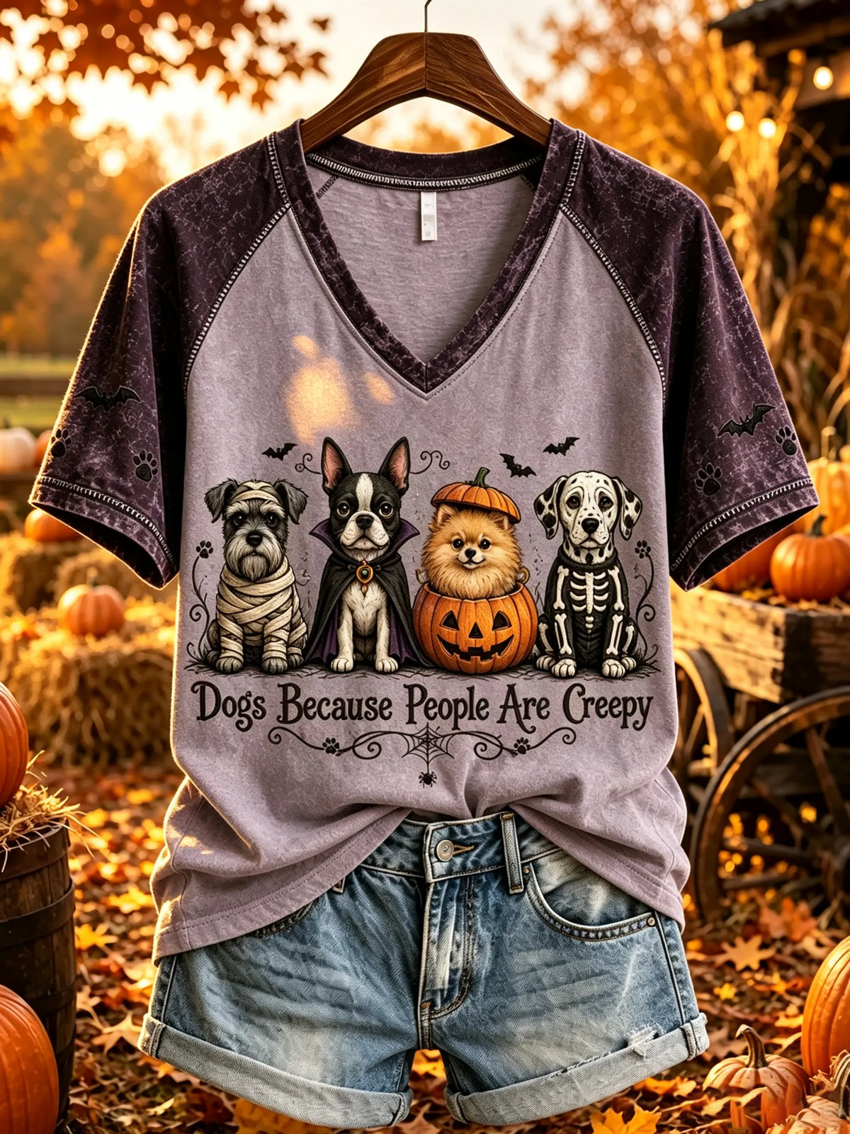 Women's Halloween Costumed Dogs Graphic V-Neck T-Shirt