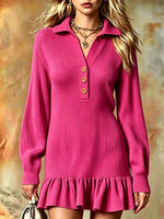 Women's Polo Collar Ruffle Hem Ribbed Sweater Dress