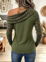 Women's Olive Green Off-The-Shoulder Long Sleeve Top with Leopard Print Contrast and Zippers