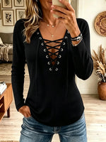 Women's Lace-Up Grommet V-Neck Ribbed Top