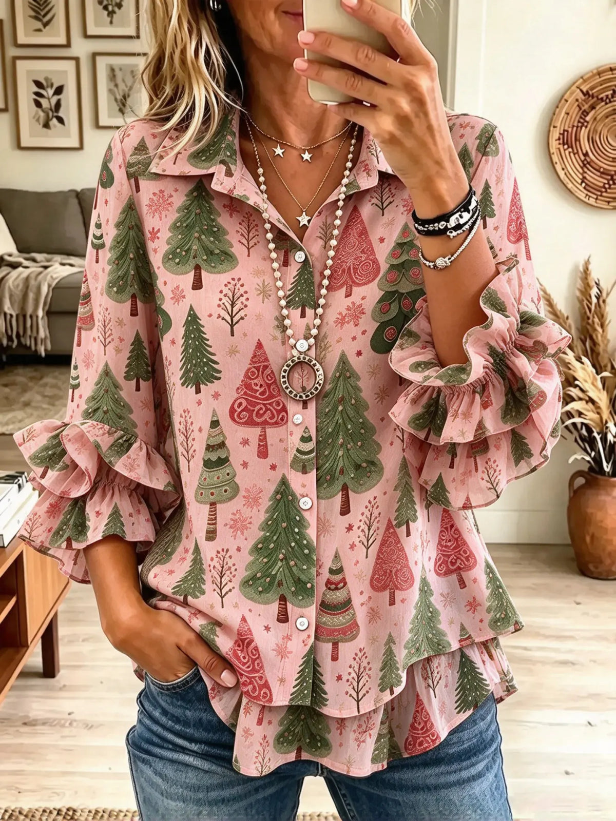 Women's Christmas Tree Print Tiered Ruffle Blouse