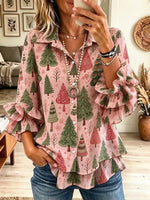 Women's Christmas Tree Print Tiered Ruffle Blouse