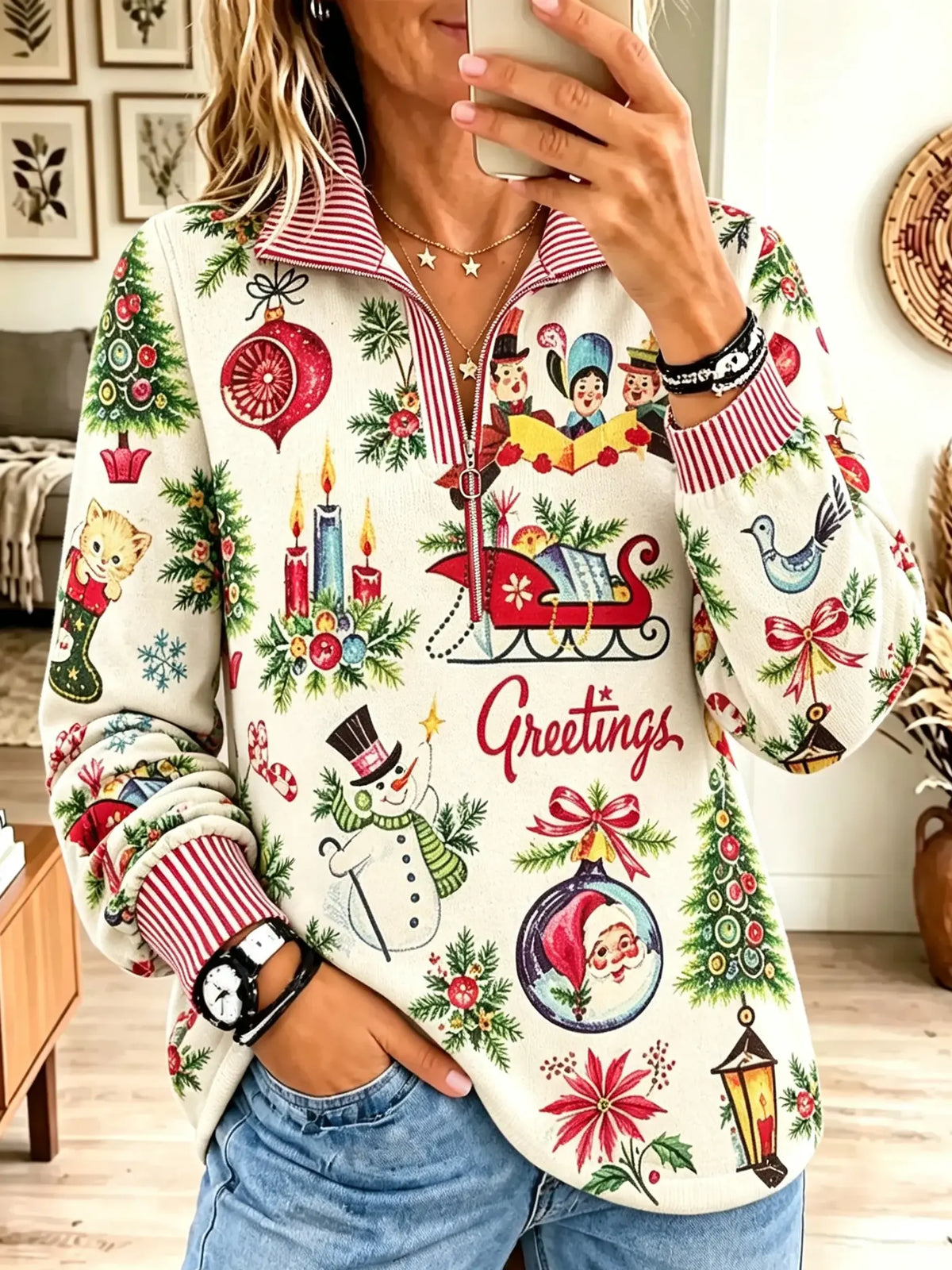 Women's Vintage Christmas Graphic Half-Zip Shirt