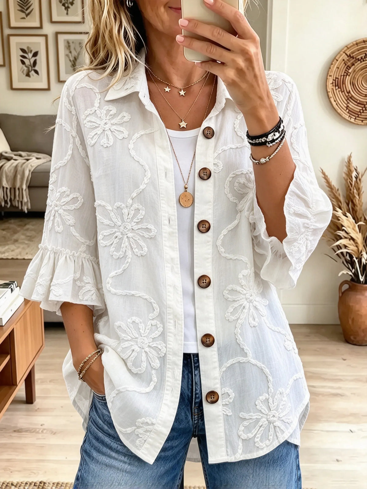 Women's Textured Floral Button-Down Shirt