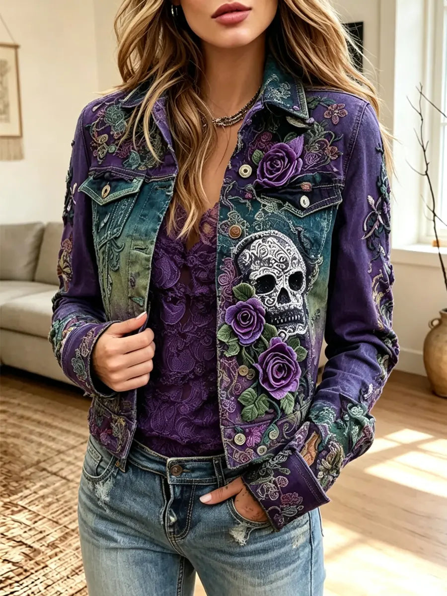 Retro Chic Floral Skull Art Casual Stylish Lapel Long Sleeve Denim Coat