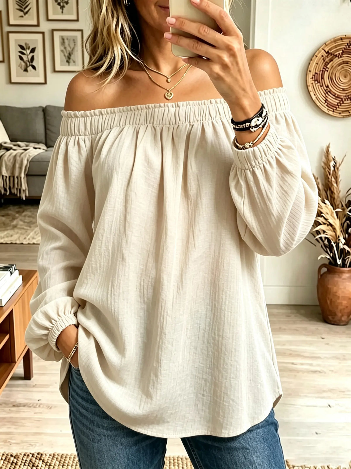 Women's Off-the-Shoulder Crinkle Cotton Babydoll Blouse