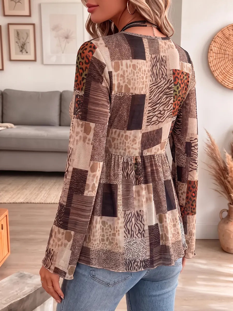 Vintage Elegant Contrasting Leopard Print Sheer Mesh Shirt